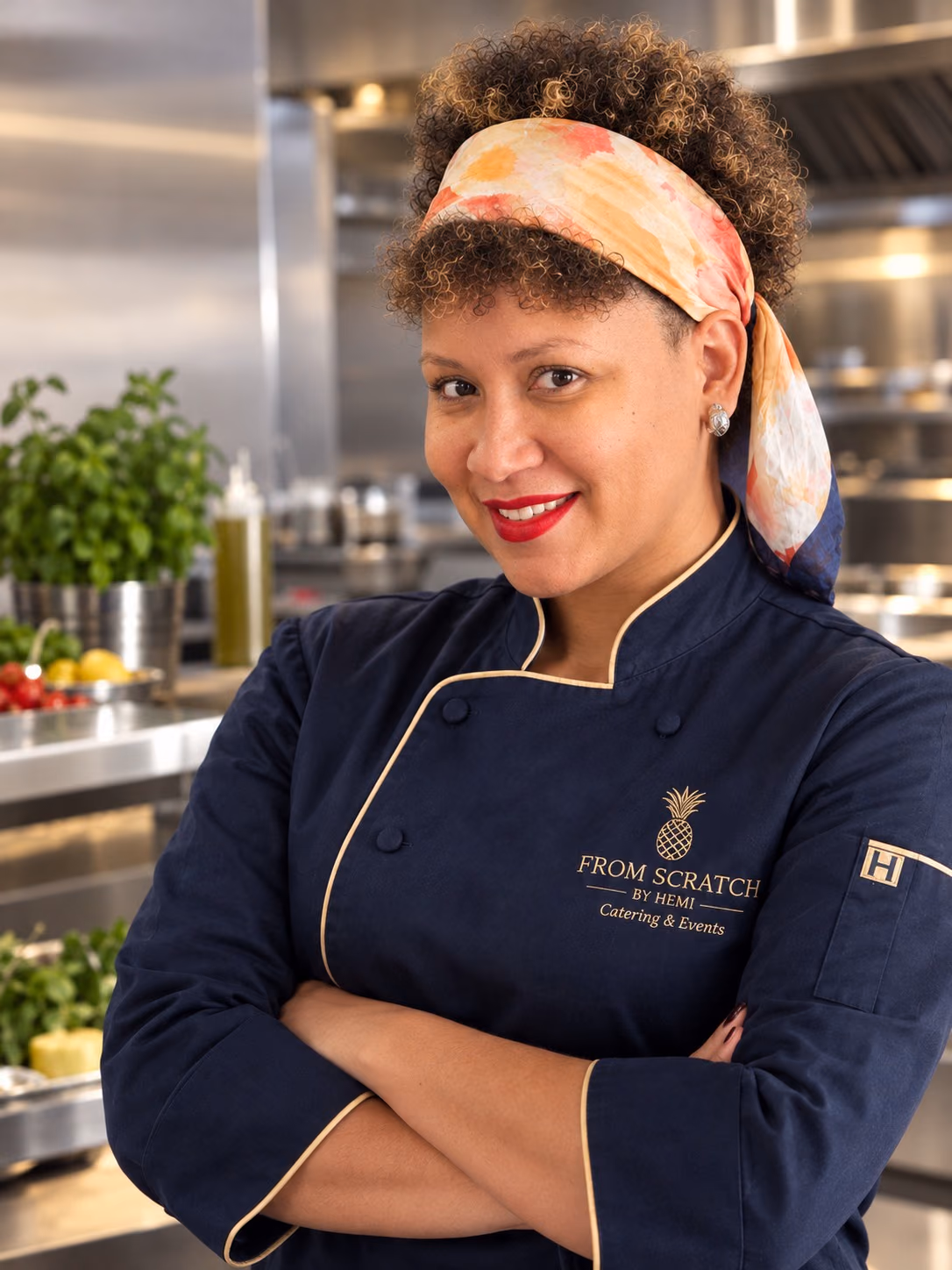 Chef Hemi Castillo in a navy From Scratch chef’s jacket with gold piping, arms folded in a stainless-steel professional kitchen